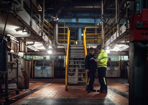 Personer med varselkläder och hörselkåpor pratar om personlig skyddsutrustning.