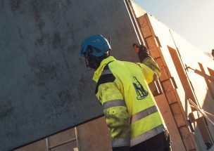 Bild på byggarbetare som håller i ett betongblock. Han har handskar på sig.